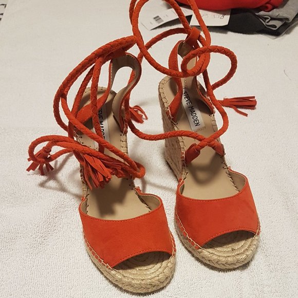 Steve Madden 6.5 M Espadrilles Pump Heel Orange Red Suede Like new ankle tie - Picture 1 of 6